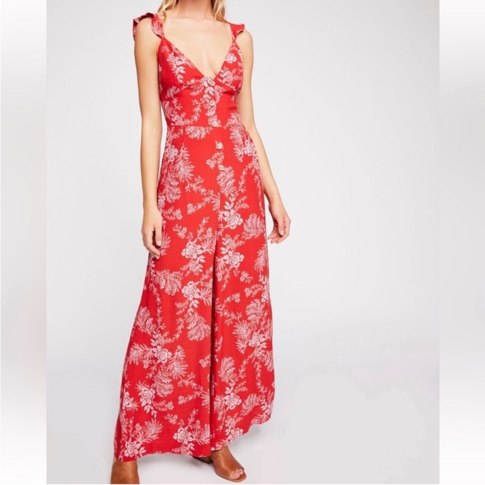 Free People Red Floral Wide-Leg Jumpsuit